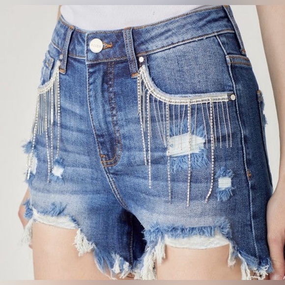 Rise Jeans women's blue denim shorts with rhinestone size M high rise 93% cotton - Picture 8 of 9